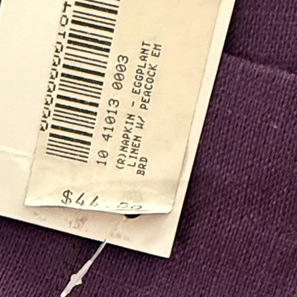 8 MacKenzie-Childs Eggplant Purple Line Napkin with Peacock Embroidery NWT $350 - Picture 3 of 5